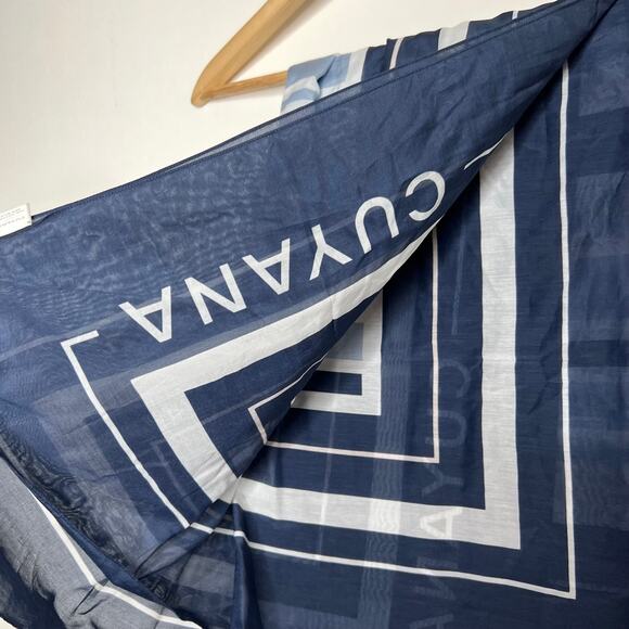 Cuyana Large Navy Blue Light Blue Pink Grey Striped Cotton/Silk Scarf Italy - Picture 9 of 10